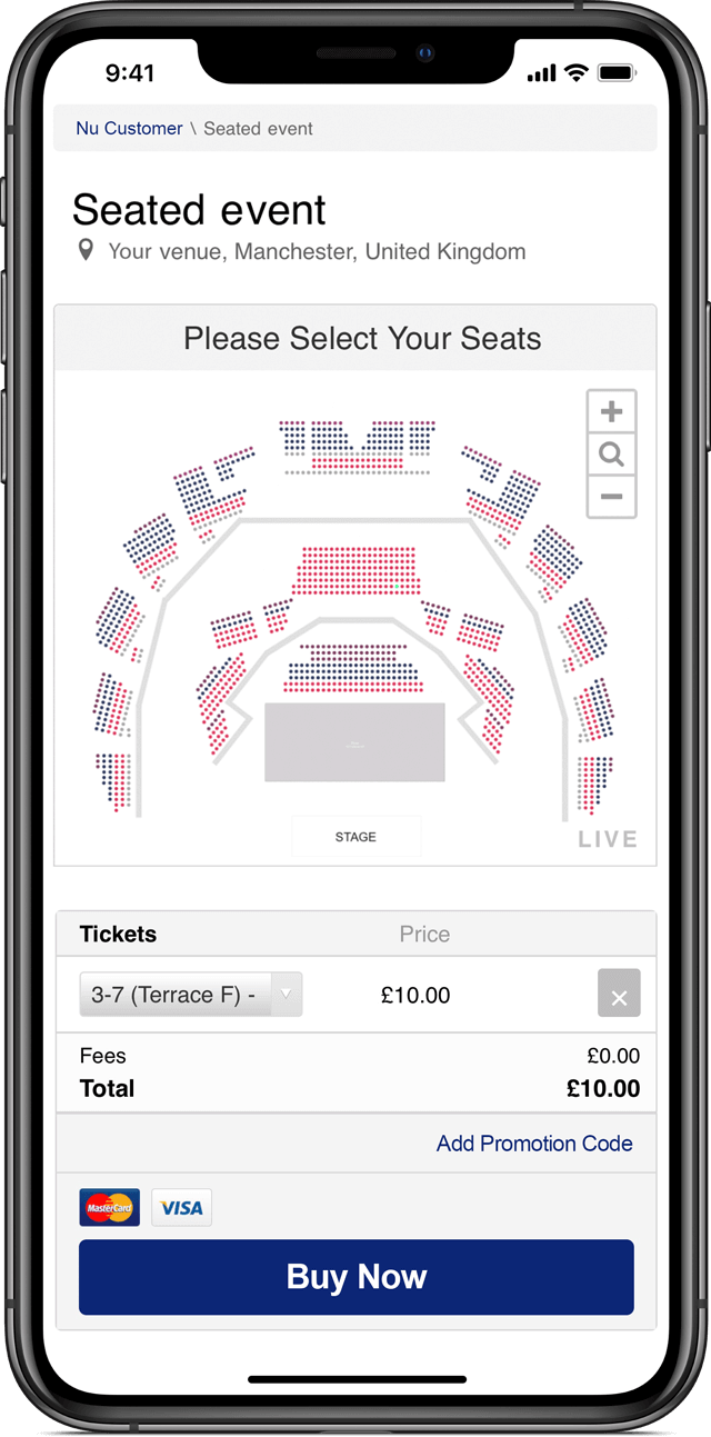 Reserved seating venue layout that works seamlessly on mobile devices.